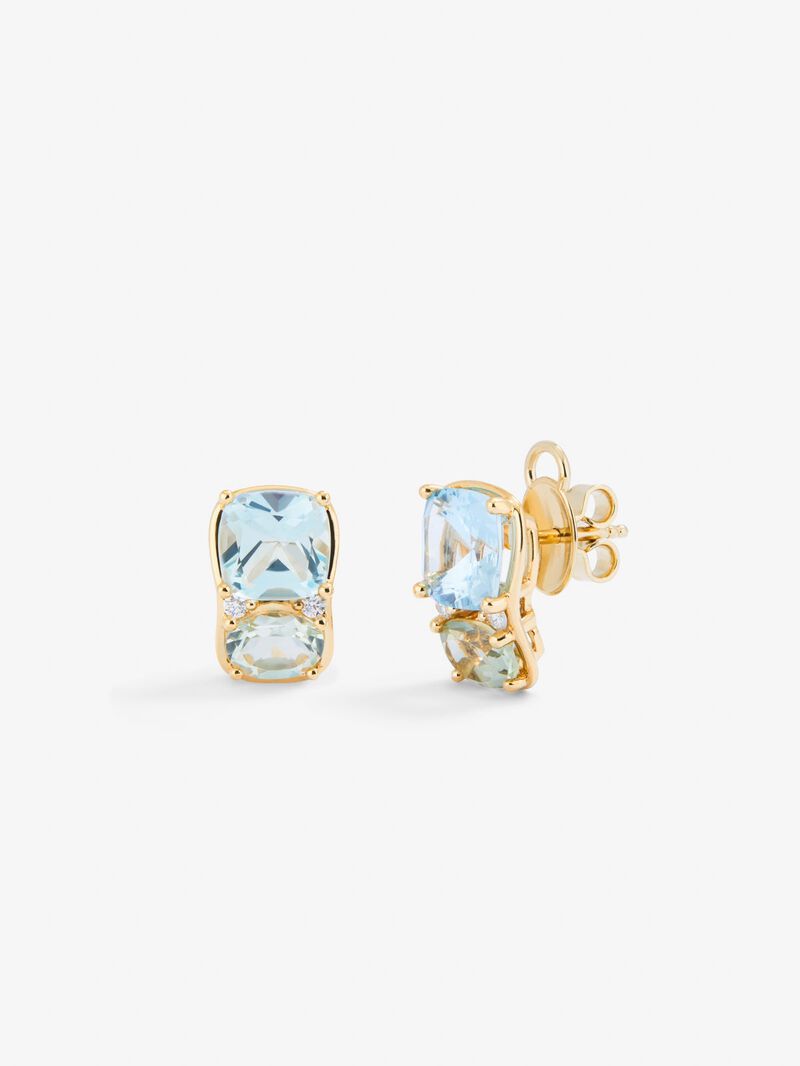 18K yellow gold earrings with 2 cushion-cut sky blue topazes with a total of 6.4 cts, 2 oval-cut green amethysts with a total of 1.62 cts and 4 brilliant-cut diamonds with a total of 0.11 cts image number 0