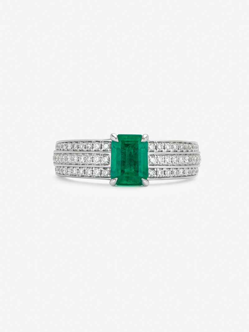 18K white gold ring with octagonal cut emerald of 0.98 cts and 68 brilliant cut diamonds with a total of 0.39 cts image number 2