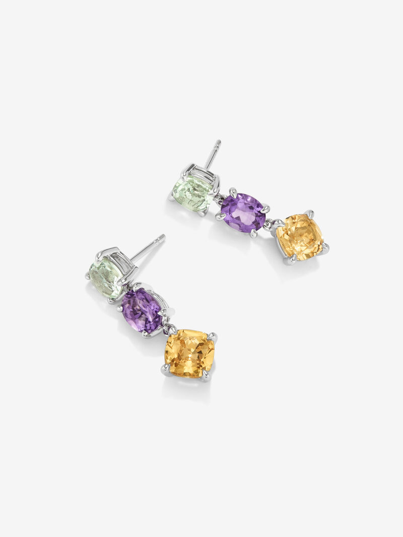 Long 925 silver earrings with green amethyst, purple amethyst, and citrine. image number 2
