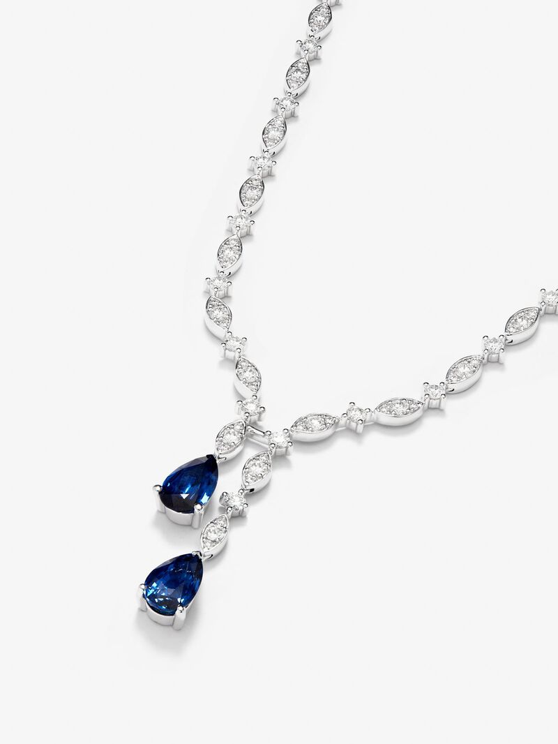 18K white gold necklace with intense blue zafiro in 1.76 cts pear size, emerald green in 0.96 cts and white diamonds in a bright size of 6.48 cts image number 2