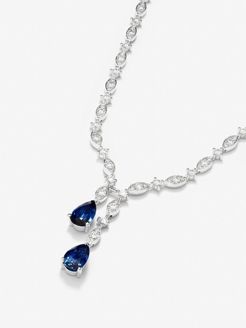 18K white gold necklace with intense blue zafiro in 1.76 cts pear size, emerald green in 0.96 cts and white diamonds in a bright size of 6.48 cts image number 2