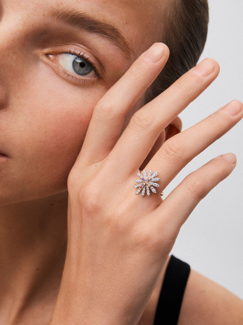 Rose gold and 18kt white gold cross ring with diamonds and multicolor sapphires. image number 0