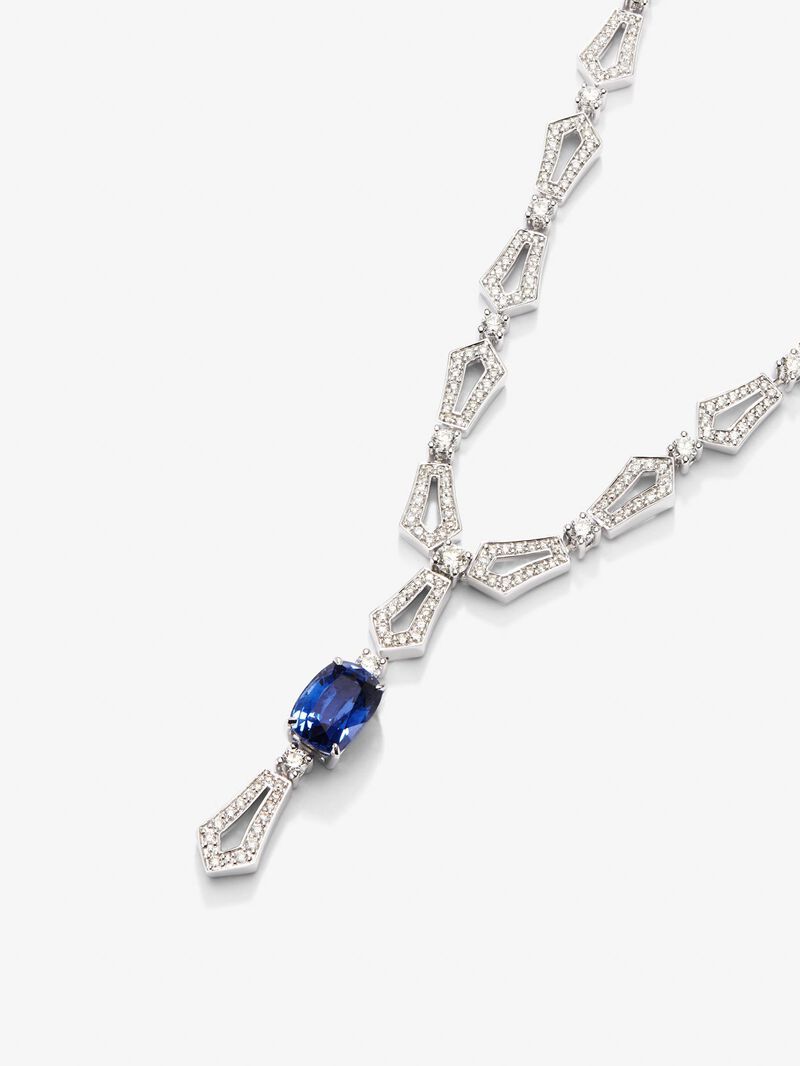 18K white gold necklace with blue sapphire in 3.17 cts and white diamonds in bright 4.13 cts diamonds image number 1