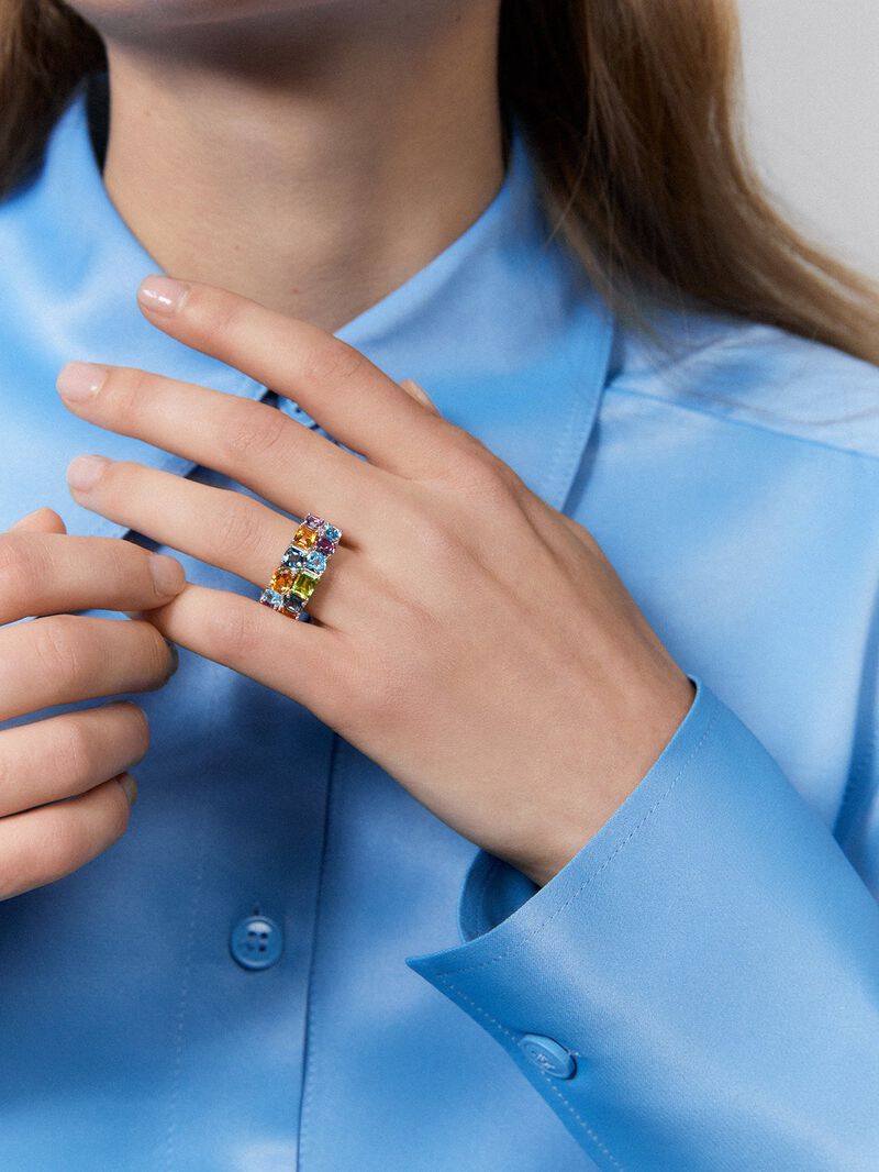 925 Silver double band ring with multicolored gems image number 3