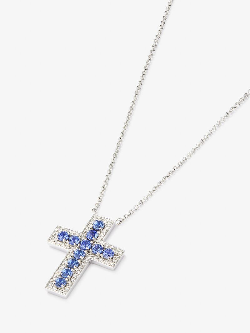 18kt white gold cross pendant with diamonds and blue sapphires. image number 2