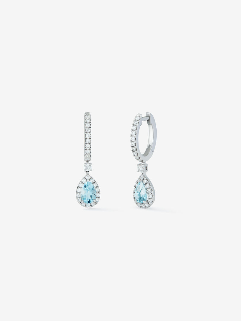 18K White Gold Hoop Earrings with Aquamarine and Diamond Pendant image number 0