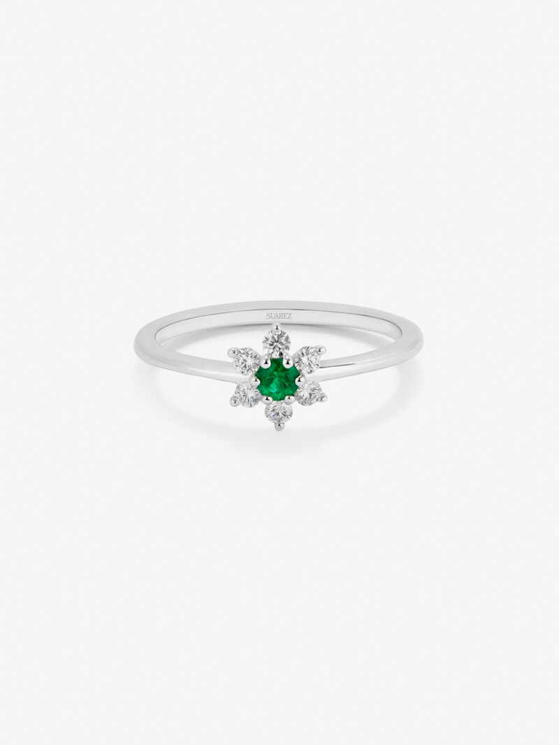 18K white gold ring with green emerald in bright size of 0.08 cts and white diamonds in bright size of 0.15 CTS star -shaped shape image number 2