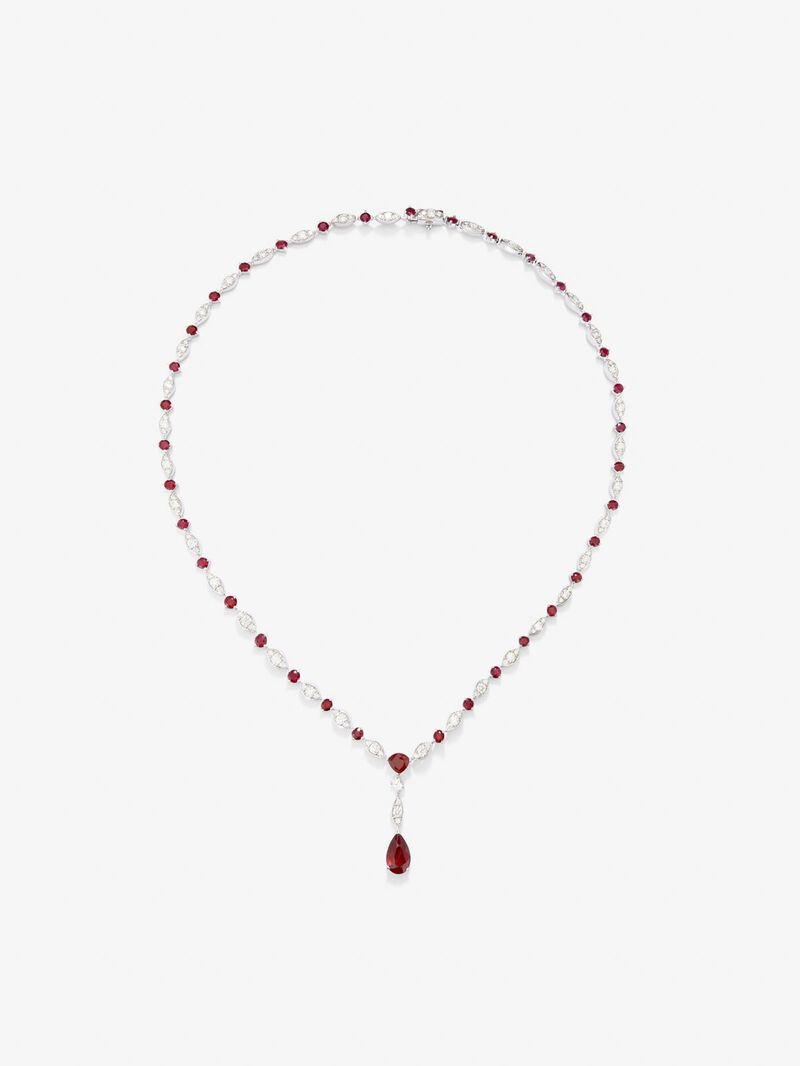 18K white gold necklace with 36 pear and trillion cut red rubies with a total of 3.59 cts and 136 brilliant cut diamonds with a total of 7.1 cts image number 0