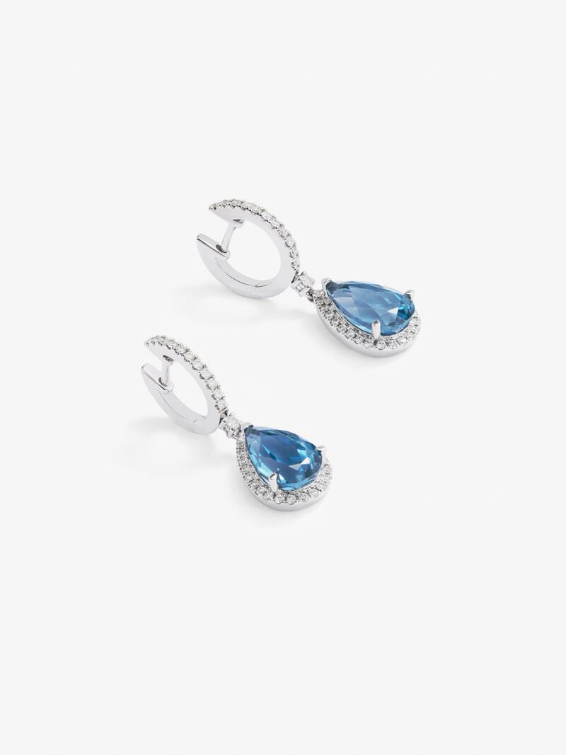18K White Gold Hoop Earrings with Topaz and Diamond Pendant image number 1