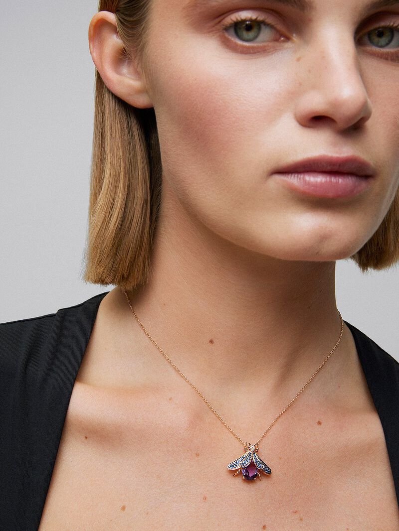 18K Rose Gold Insect Pendant Chain with Amethyst and Sapphire image number 1