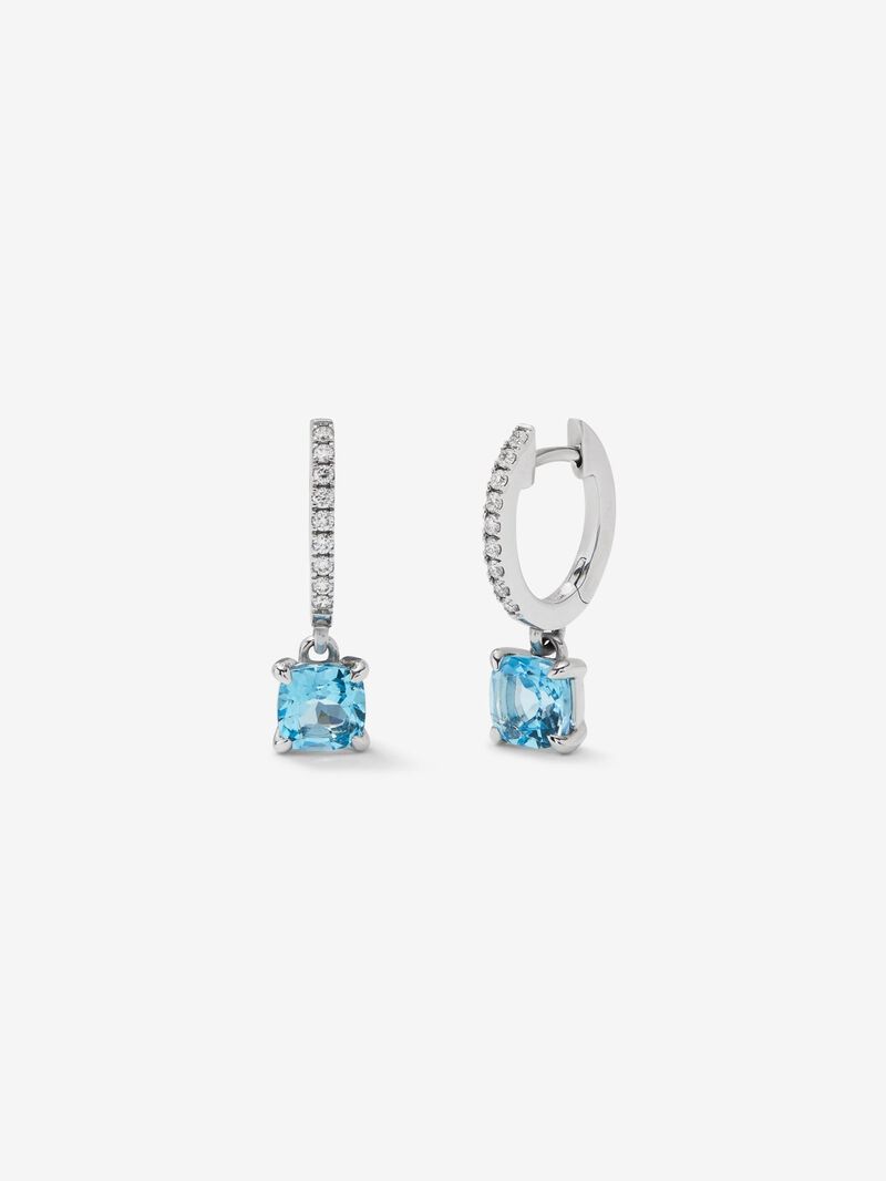 18K white gold hoop earrings with 2 cushion-cut Swiss blue topazes with a total of 1.77 cts and 18 brilliant-cut diamonds with a total of 0.14 cts image number 0