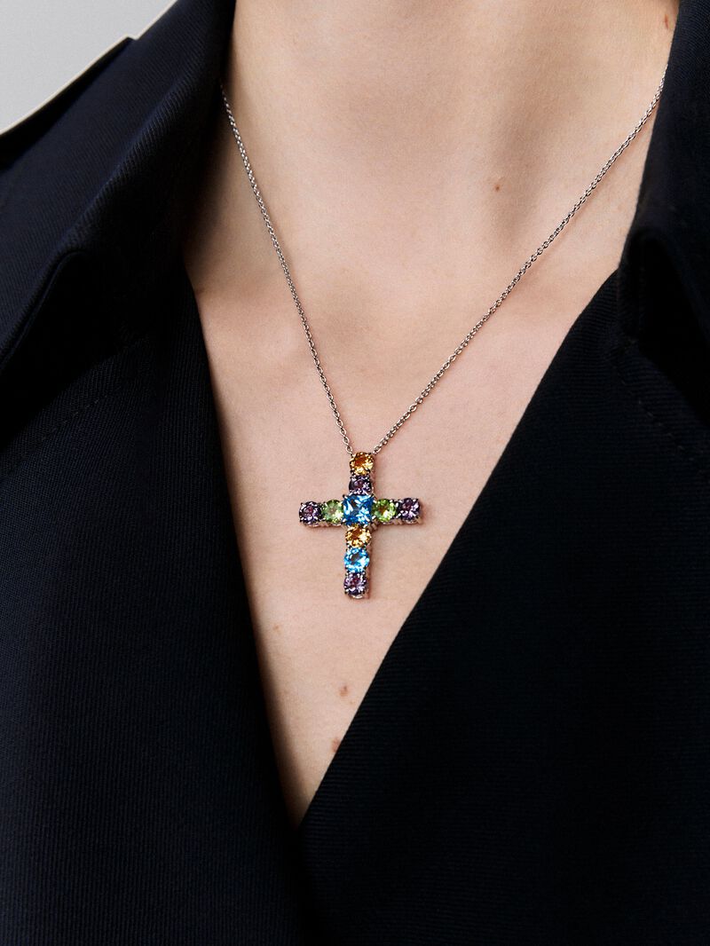 Pendant chain with 925 silver cross adorned with multicolored gems image number 3