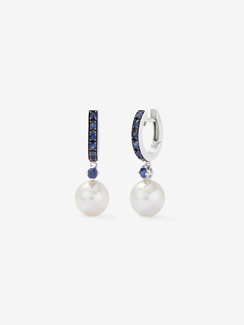 925 Silver hoop earring combined with 8.5 mm Akoya pearl and sapphire. image number 0