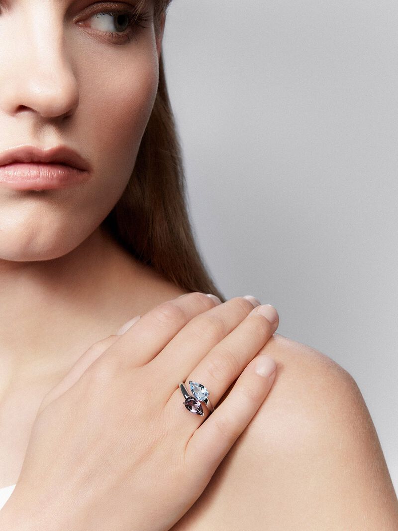 "You and me" silver ring with purple amethyst stones and sky blue topaz. image number 0