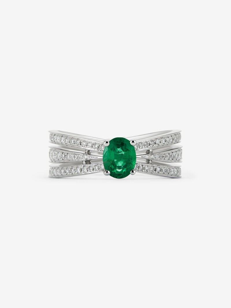 18K white gold multi-arm ring with oval-cut emerald ​​of 0.63 cts and brilliant-cut diamonds with a total of 0.43 cts image number 2