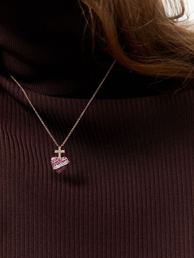18kt Rose Gold Cross and Heart Pendant with Diamonds and Pink Sapphires image number 1