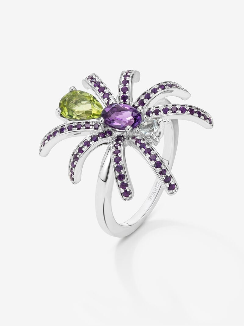 Silver spider ring with peridotos and amethyst image number 0