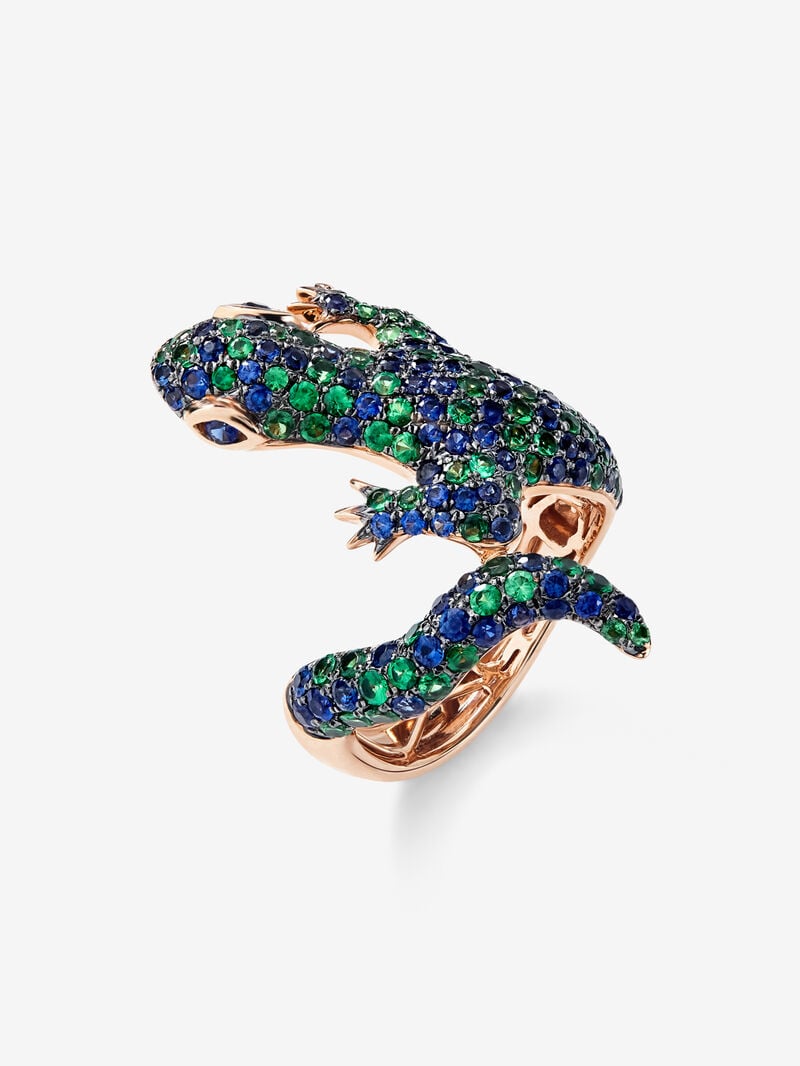 18K rose gold ring with 79 brilliant-cut tsavorites with a total of 1.35 cts and 81 brilliant-cut blue sapphires with a total of 1.35 cts in the shape of a salamander image number 0