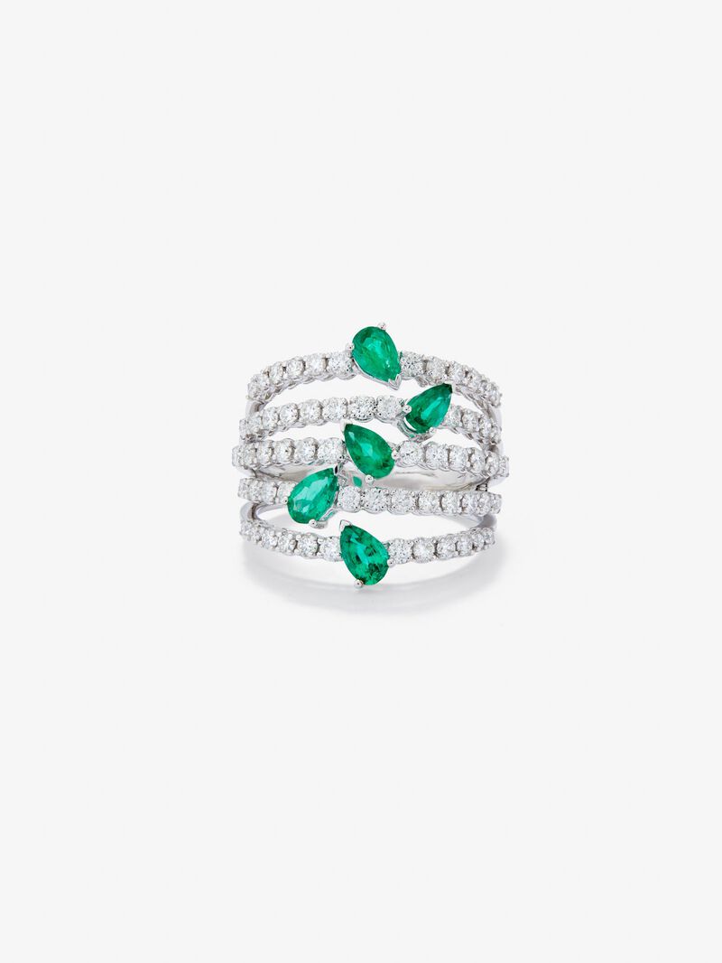 18K White Gold Ring with white diamonds in bright size 1.02 cts and green emeralds in 0.92 cts pear size image number 2