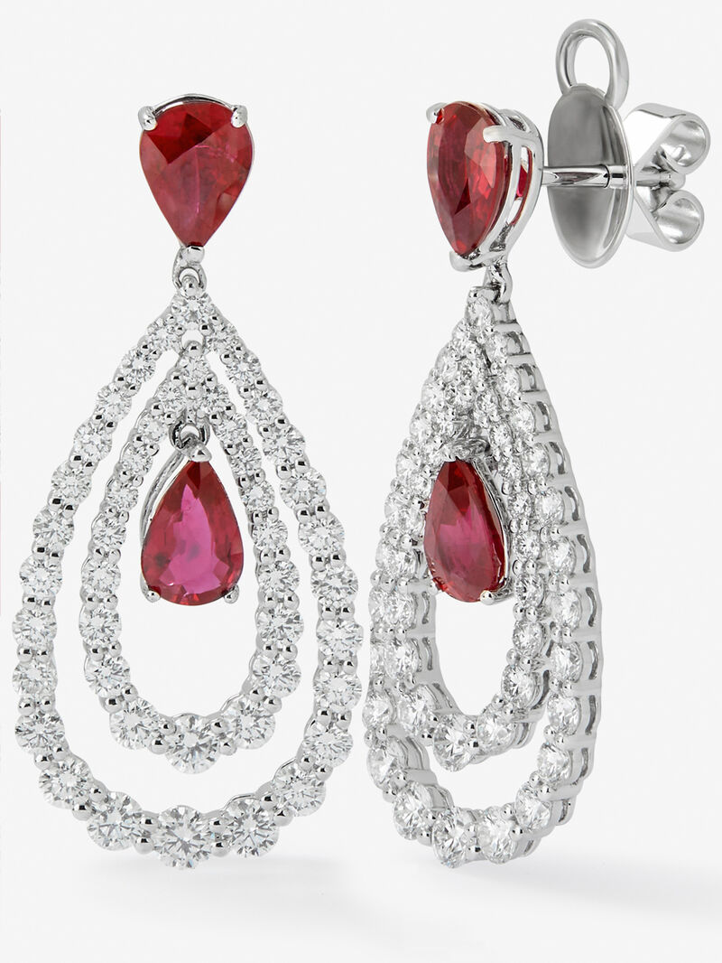 18K white gold earrings with white diamonds in bright size of 3 cts and red rubies in 3,13 cts pear size image number 0