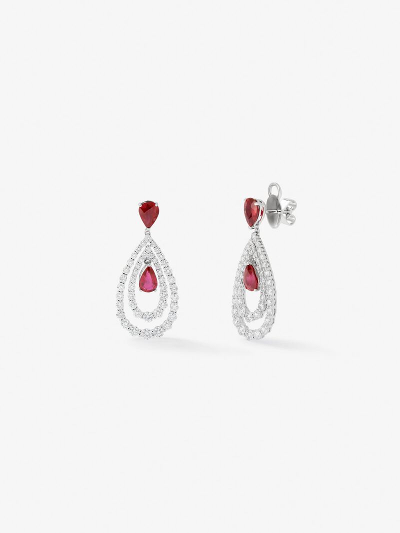 18K white gold earrings with white diamonds in bright size of 3 cts and red rubies in 3,13 cts pear size image number 0