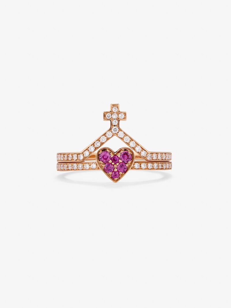 18Kt rose gold ring with diamonds and pink sapphires image number 4