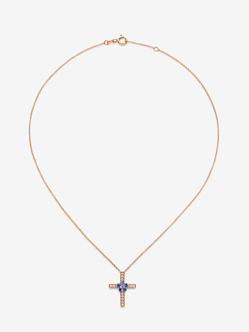 18K rose gold cross pendant with 15 brilliant-cut diamonds with a total of 0.27 cts, 1 brilliant-cut pink sapphire of 0.11 cts and 5 brilliant-cut blue sapphires with a total of 0.36 cts image number 0