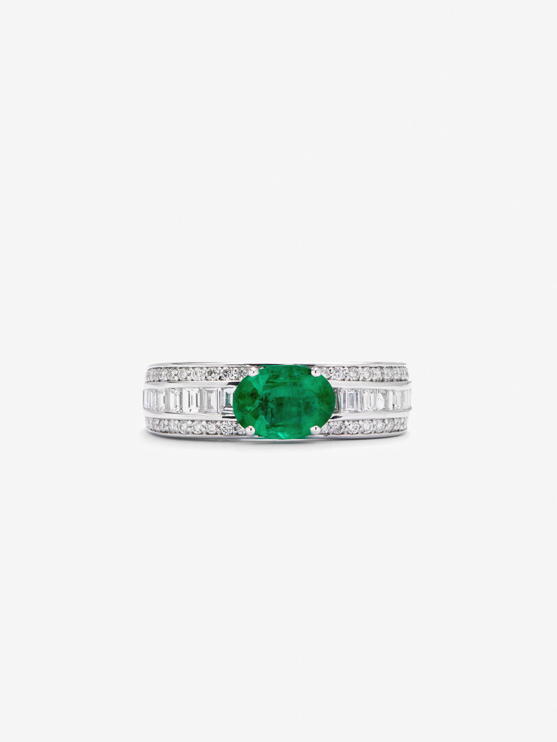 18K white gold ring with green emerald in oval size of 0.91 cts and white diamonds in bright size and 0.74 cts bag image number 2