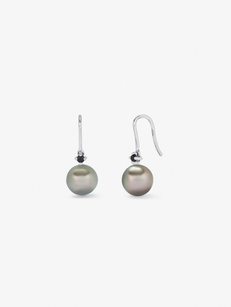 925 silver hoop earrings with 2 black spinels and 2 8.5mm Tahitian pearls image number 0