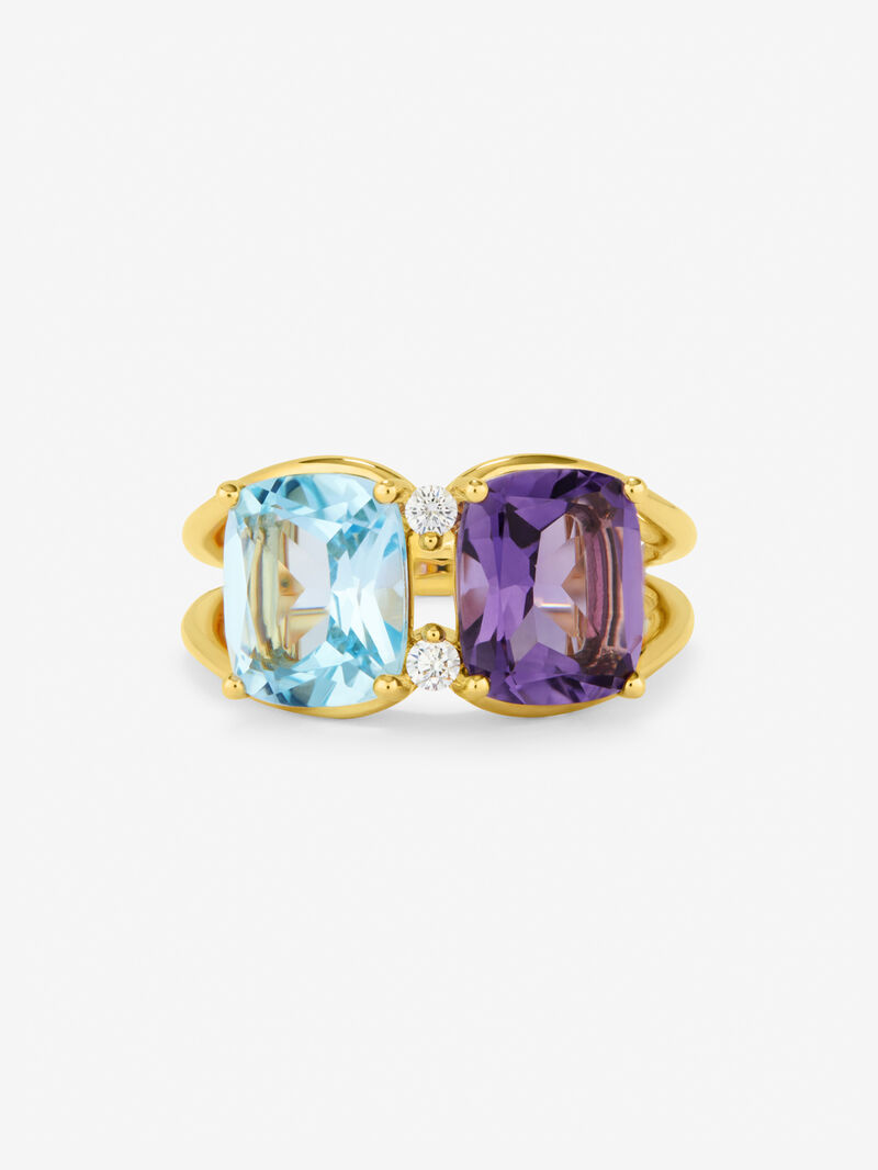 18kt yellow gold ring with diamonds, Sky and amethyst topacios image number 2