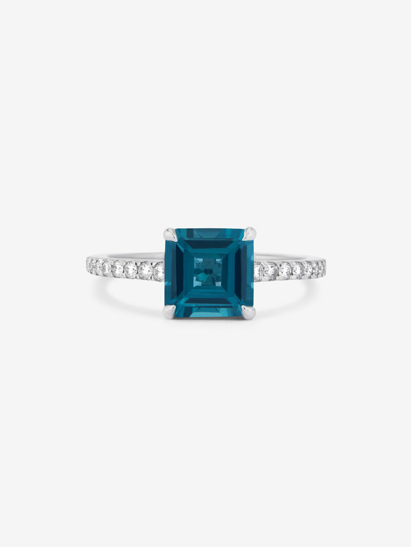 18K White Gold Solitary Ring with London Blue Topacio 1.2 cts and white diamonds in bright size image number 2
