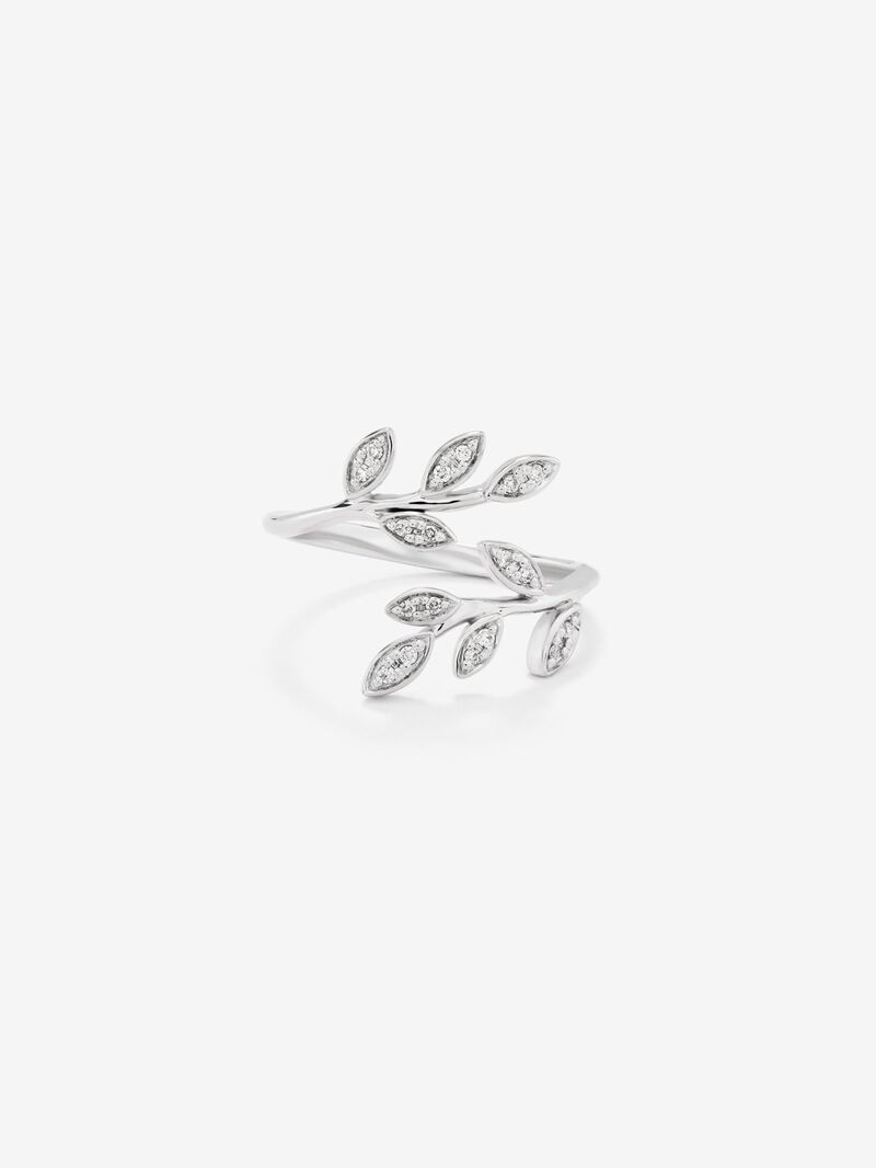 18K White Gold Leaf Ring with Pave Diamond image number 2