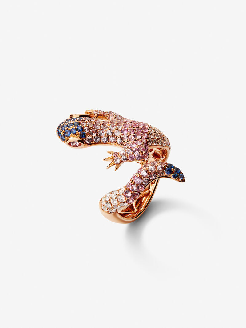 18kt rose gold salamander ring with multicolored sapphires image number 0