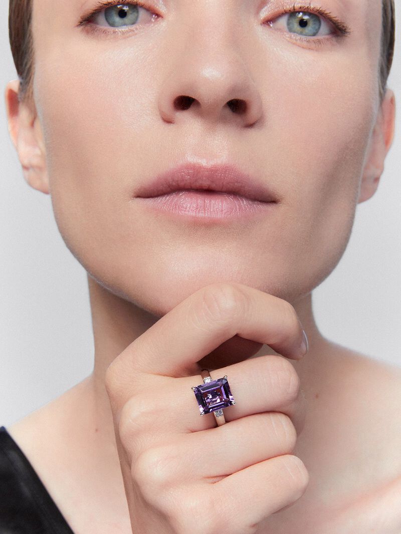 silver ring with purple amethyst and diamonds image number 1