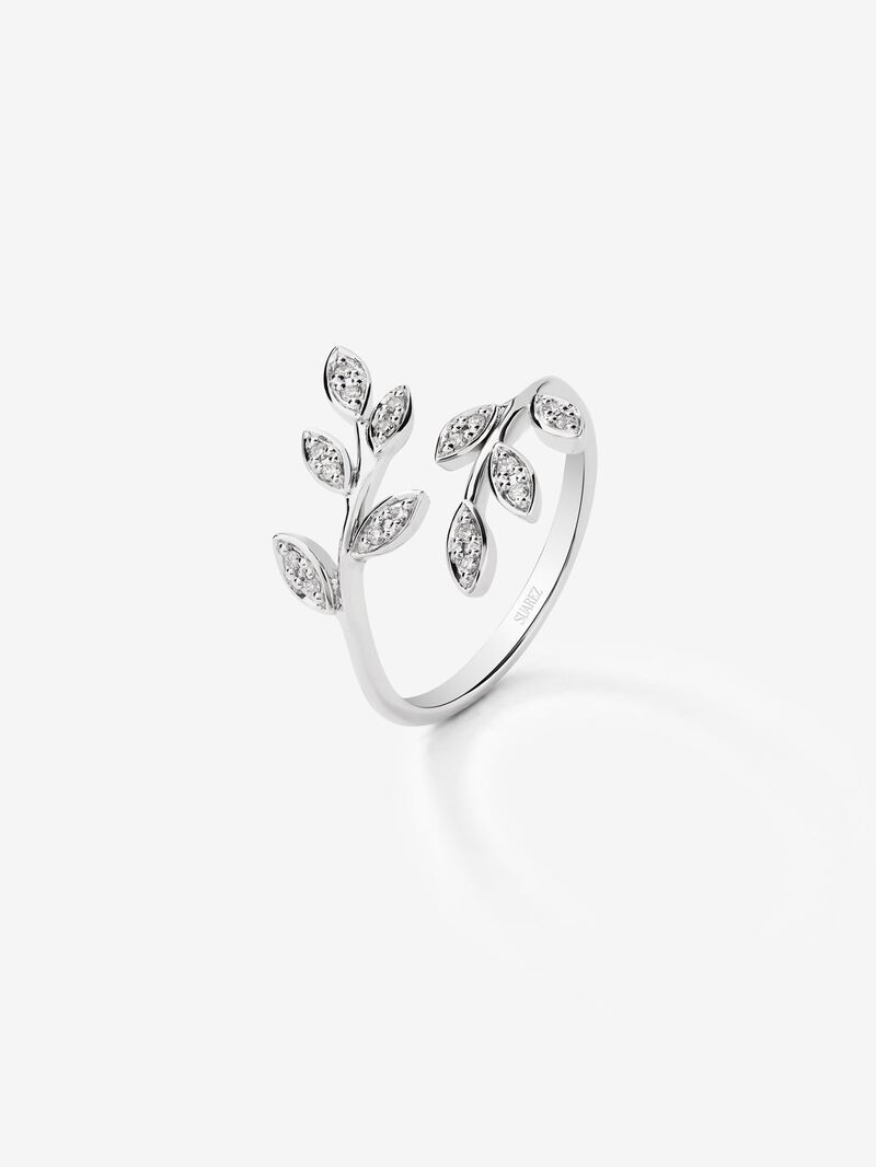 18K White Gold Leaf Ring with Pave Diamond image number 0