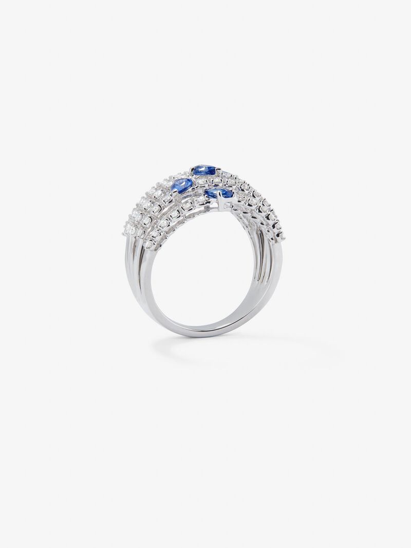 18K White Gold Ring with white diamonds in bright size of 1 cts and blue sapphires in 1.13 cts pear size image number 4