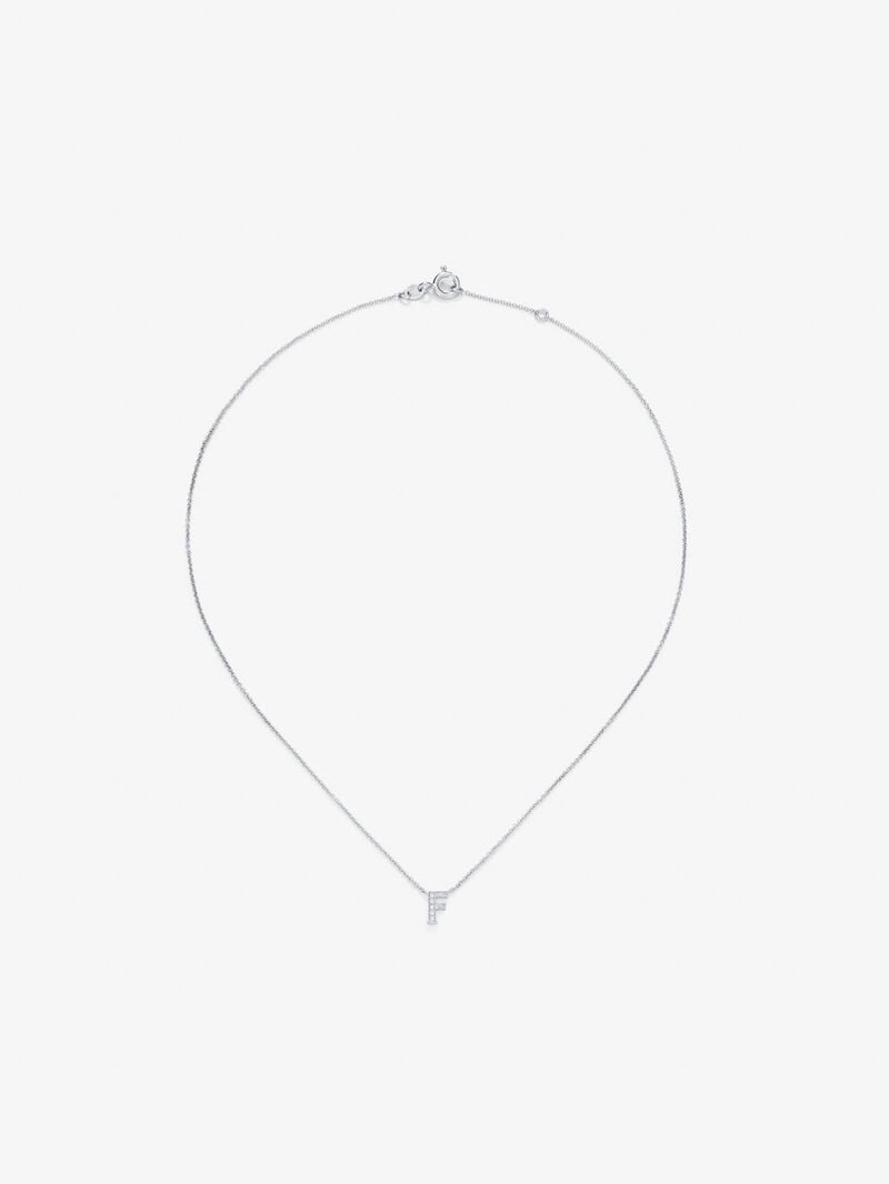 Pendant necklace with small initial in 18K white gold and diamonds. image number 0