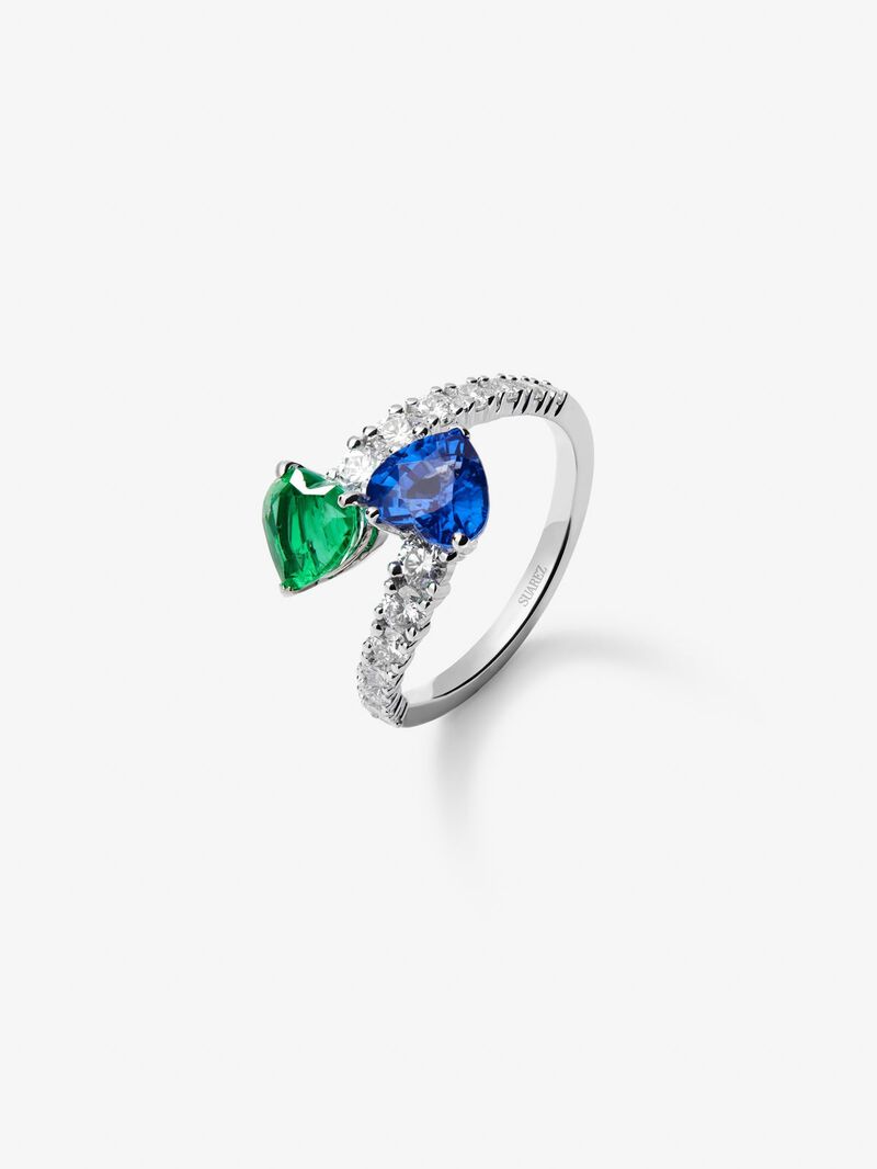 You and me ring in 18K white gold with intense blue pear-cut sapphire of 1.93 cts, pear-cut green emerald of 0.89 cts and 14 brilliant-cut diamonds with a total of 0.89 cts image number 0