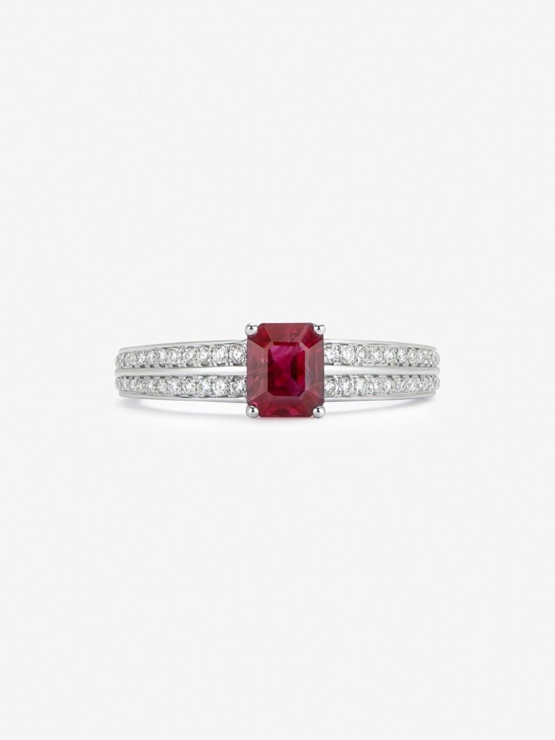 18K white gold ring with octagonal cut ruby ​​of 1.006 cts and 52 brilliant cut diamonds with a total of 0.19 cts image number 1