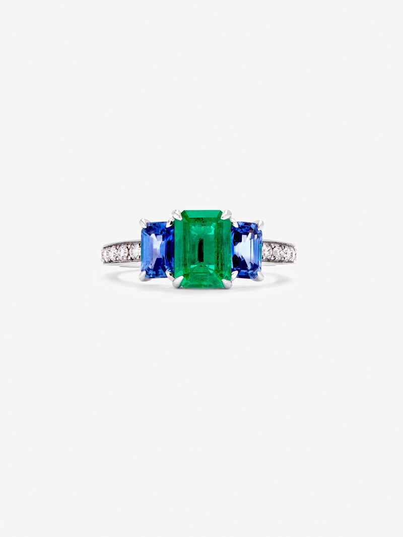 18K White Gold Tieillo Ring with Green Esmerald in Octagonal Size 1.88 CTS, Blue Sapphires in Octagonal Size 1.14 CTS and White Diamonds in Bright Size of 0.02 Cts image number 2