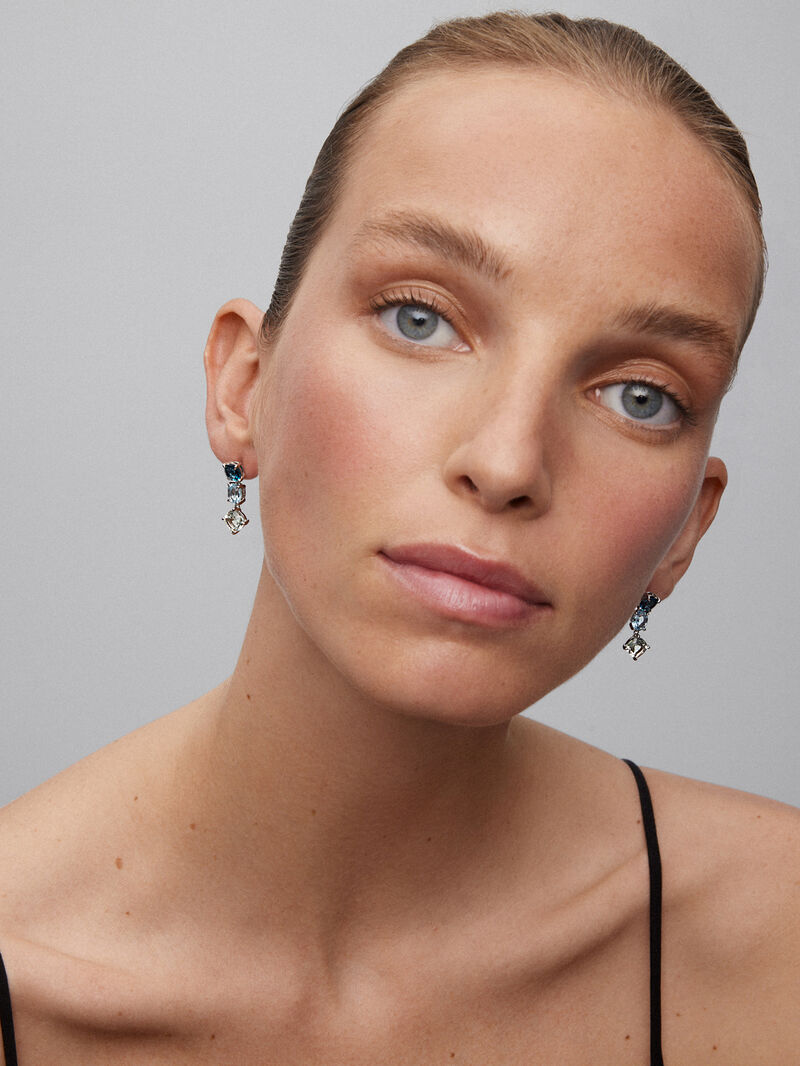 925 silver earrings with green amethysts, London blue and sky blue topazes image number 1