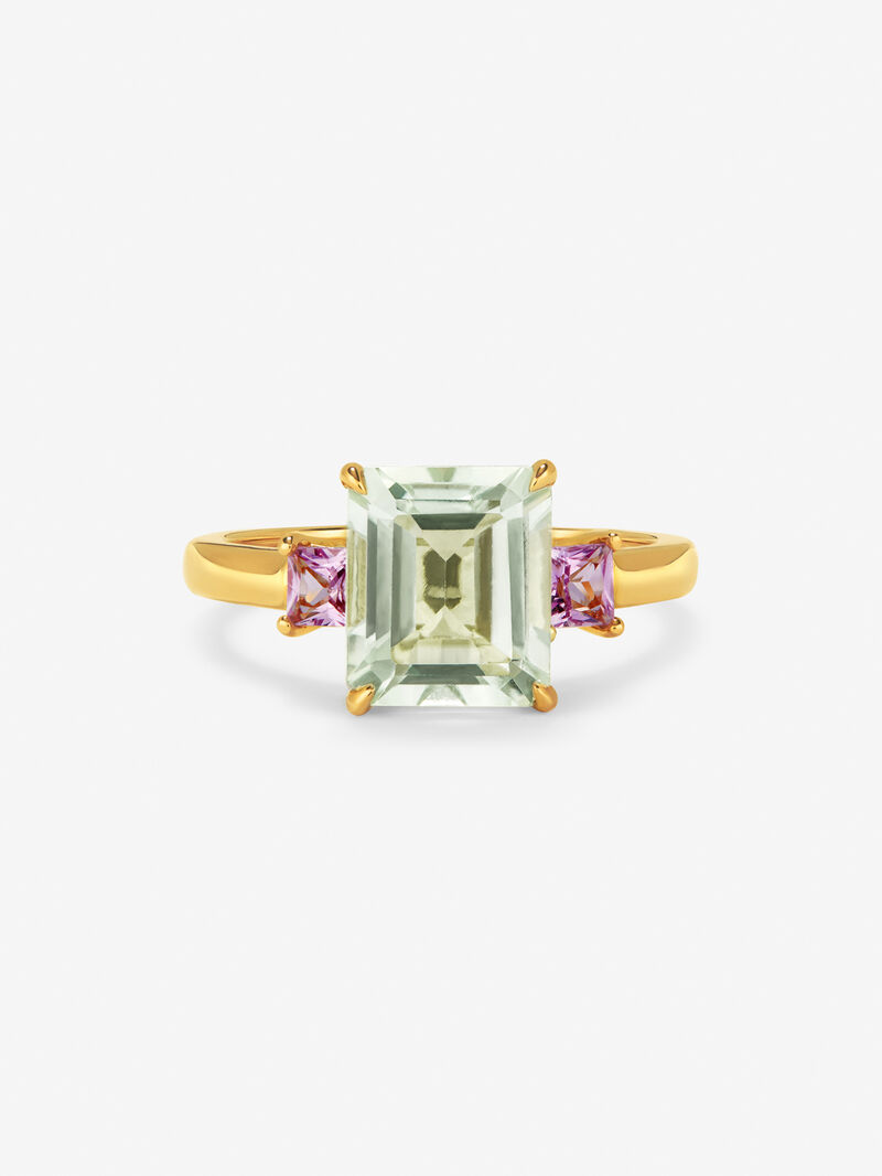 18K yellow gold triple ring with emerald-cut green amethyst of 2.53 cts and 2 princess-cut pink sapphires with a total of 0.41 cts image number 2