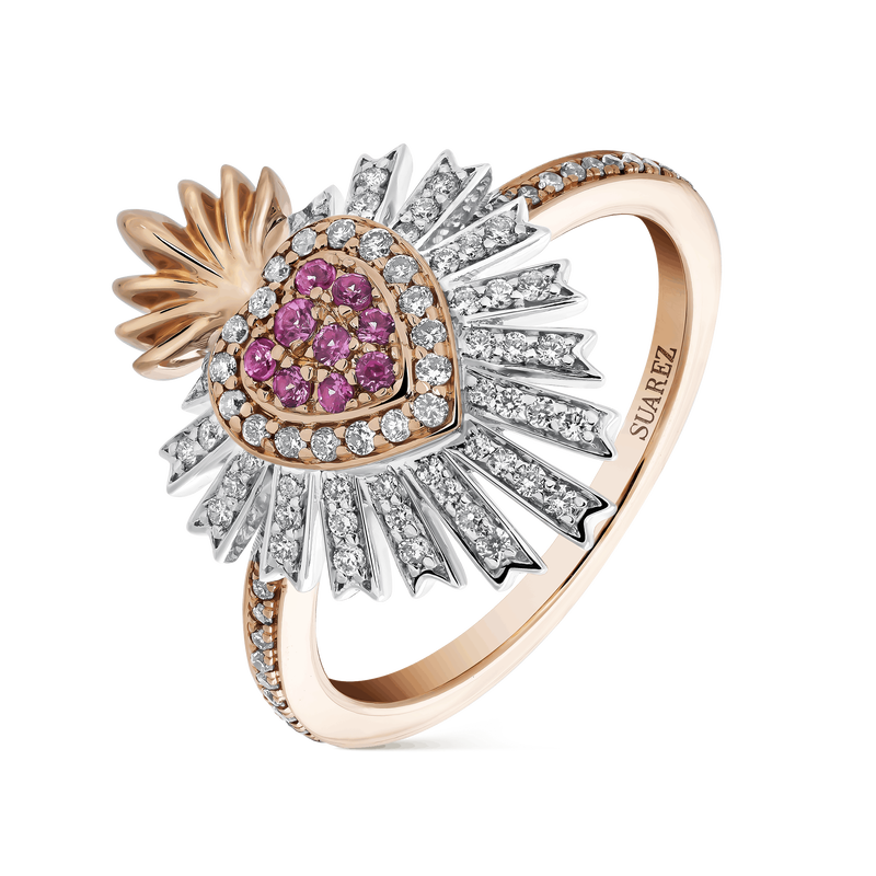 Anillo corazón de oro rosa y oro blanco de 18kt con diamantes y zafiros rosas, SO17015-OBORZRDDM_V