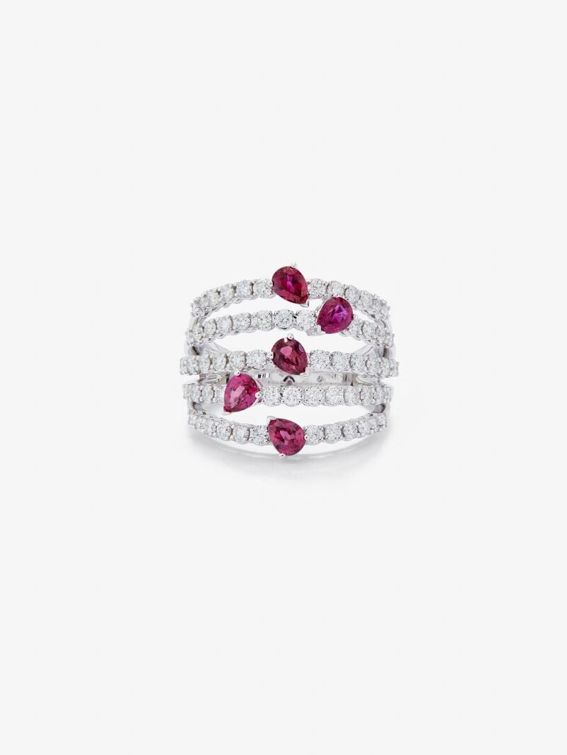 18K white gold ring with 60 brilliant-cut diamonds with a total of 1 cts and 5 pear-cut red rubies with a total of 1.14 cts image number 3