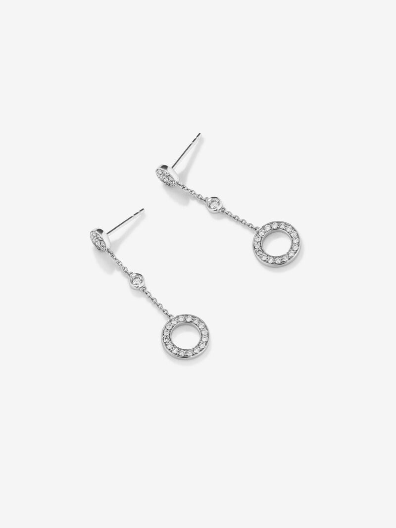 Long 18kt white gold chain earrings with circular diamond motifs. image number 2