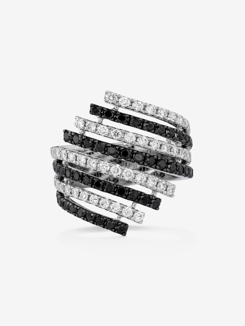 18K white gold multi-arm ring with 54 brilliant-cut diamonds with a total of 0.75 cts and 54 black diamonds with a total of 0.9 cts image number 1
