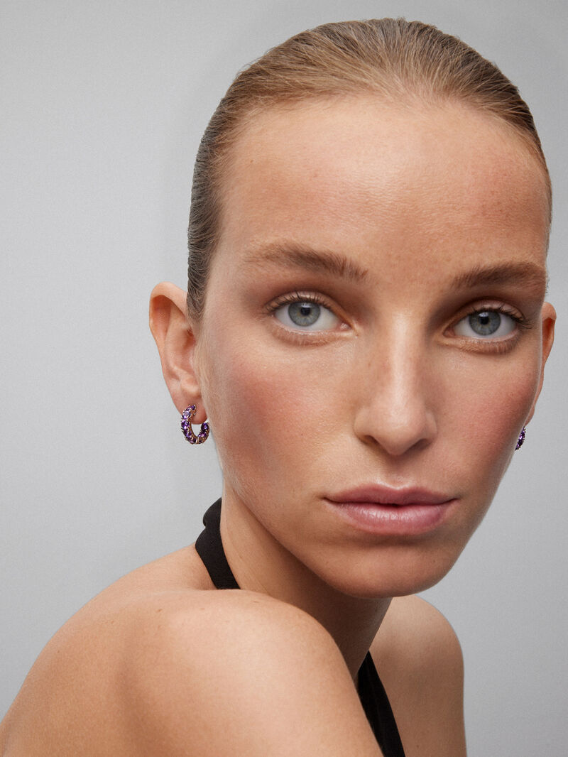 925 silver hoop earrings with 16 brilliant-cut purple amethysts with a total of 3.36 cts image number 1
