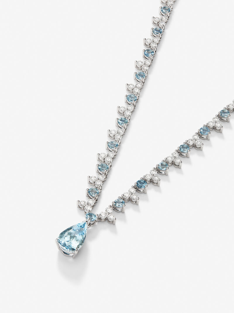 18K White Gold Rivière Collar with Aguamarina Azul in 3 cts pear size, blue aquamarines in bright size 5.7 cts and white diamonds in bright size 6.25 cts image number 1