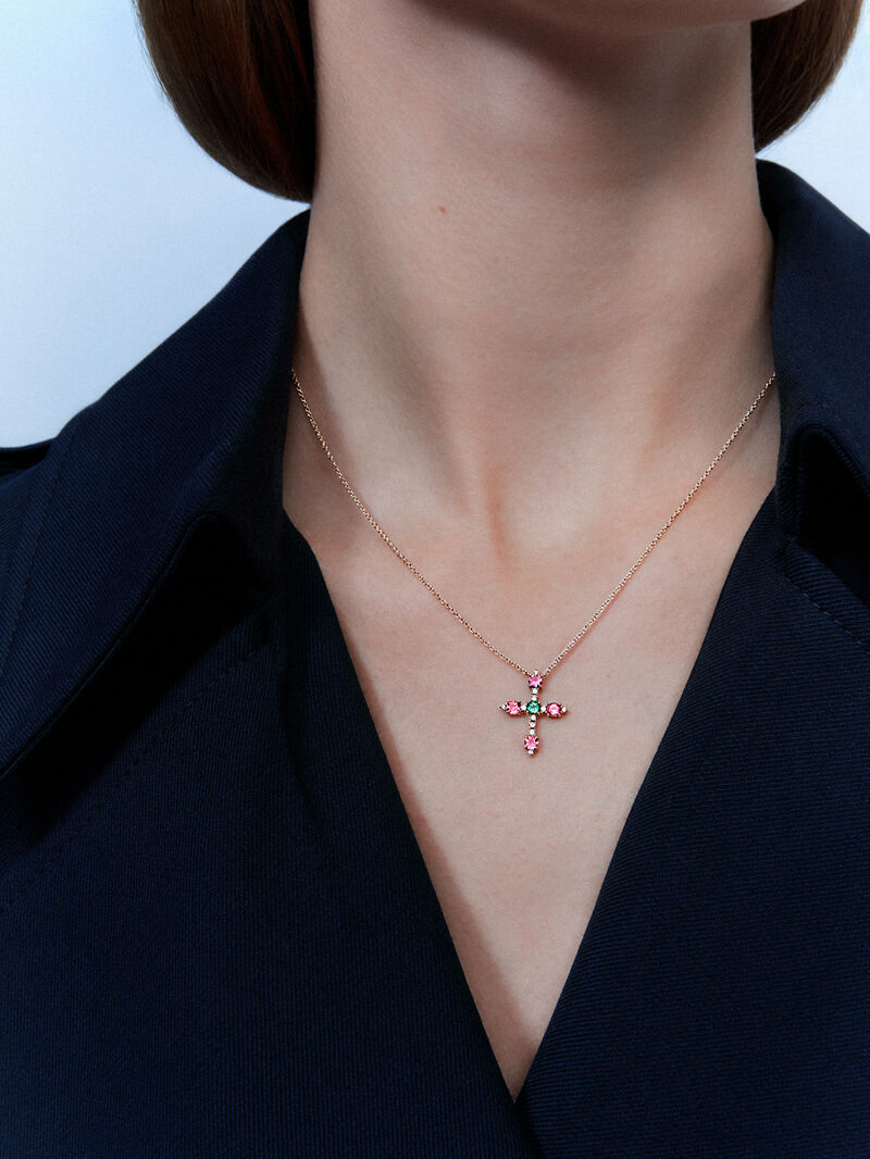 18K Rose Gold Cross Pendant Chain with Tourmaline and Diamond image number 3