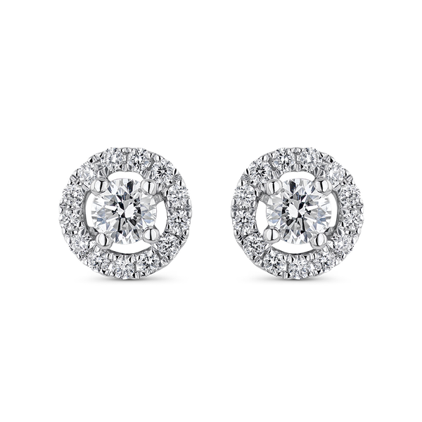 Pendientes de botón de oro blanco de 18kt con diamante de 0,10 quilates y orla de diamantes, PE7031-00D010_V